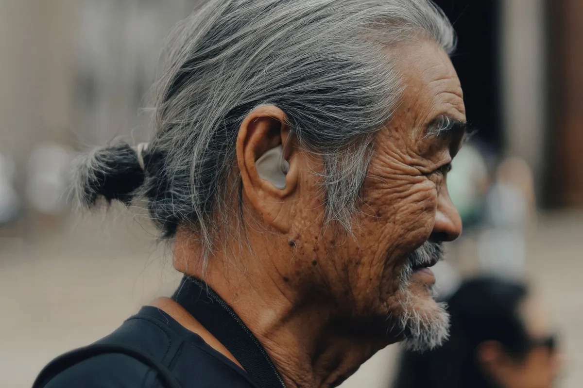 Side profile of an older man wearing a hearing aid, outdoors on a sunny day