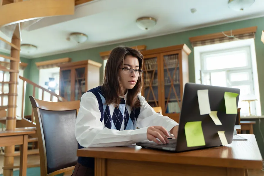 A student in glasses and an argyle sweater vest types on a laptop at a wooden table in a library
