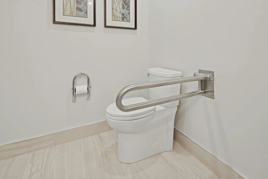A stainless steel grab bar mounted on the wall beside the toilet in a home bathroom